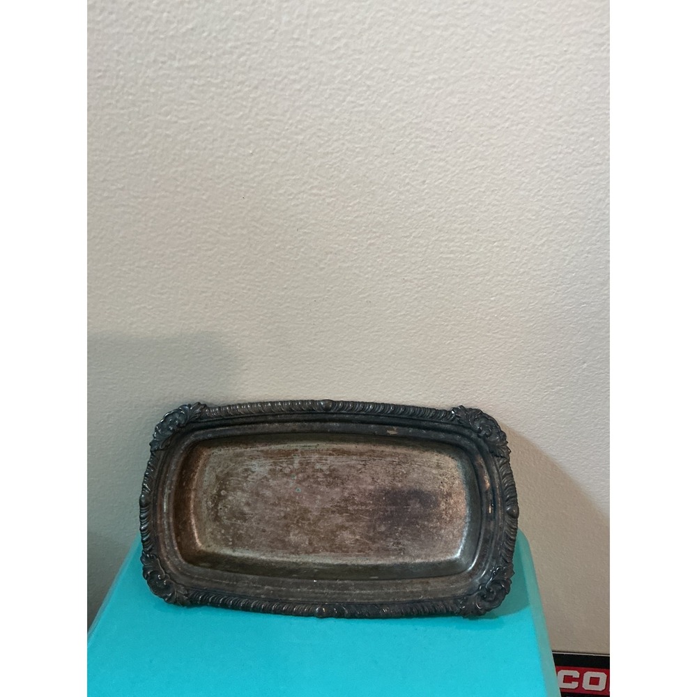 Vintage Silver Plated Butter Ornate Rectangular Serving Tray Scrolled Rim 8.75"